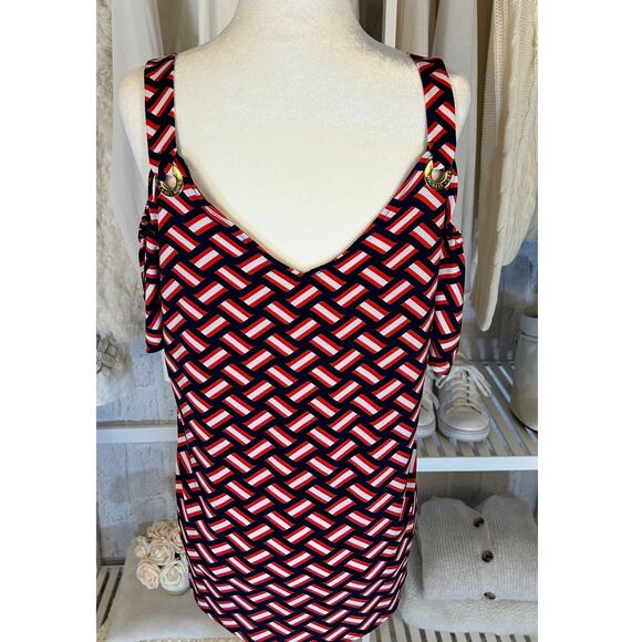 Michael Kors Women's Sz M Navy, Red, White Graphic Print Off Shoulder Top #0338 - Picture 2 of 11
